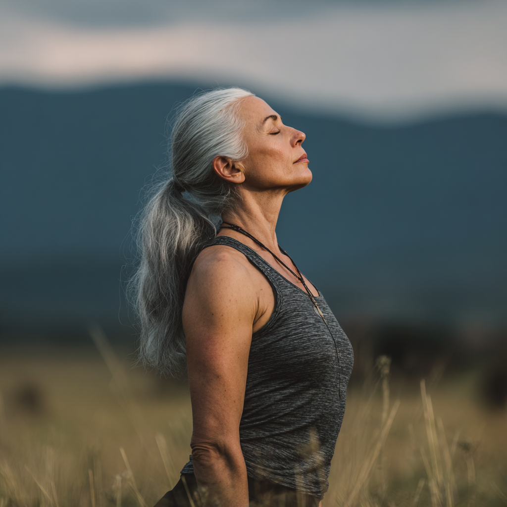 Mature Romanian woman practicing functional yoga poses focusing on proper breathing and body alignment in a serene natural setting