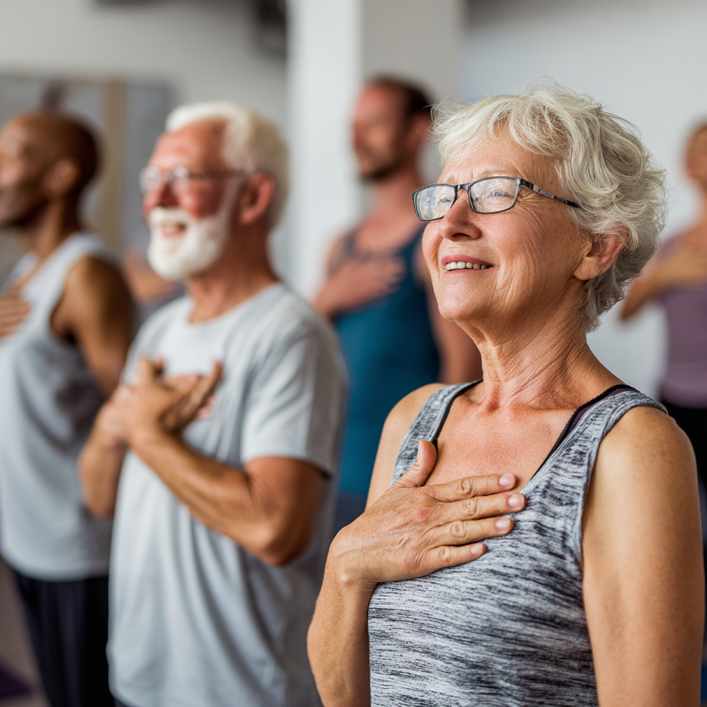 Diverse group of Romanian adults practicing structured body conditioning exercises that combine yoga principles with muscle strengthening techniques